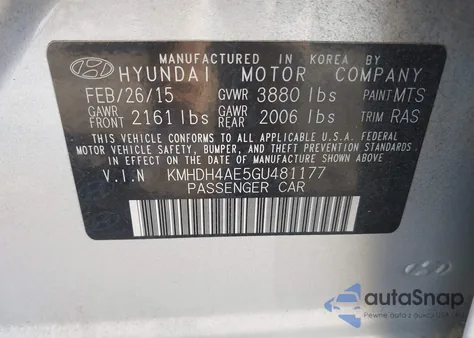 2016 Hyundai Elantra Se z USA, uszkodzony, nr VIN KMHDH4AE5GU481177